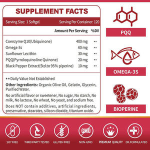 Vegan 120 400mg Co-enzym Q10 Softgels 99% Zuiverheid met Omega-3, Zonnebloemlecithine en PQQ ter ondersteuning van de hartgezondheid - Product Image 4