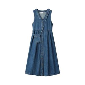 navy blue dress for baby girl Chest Pockets Light Wash Dress Korean A-Line Overall Dress