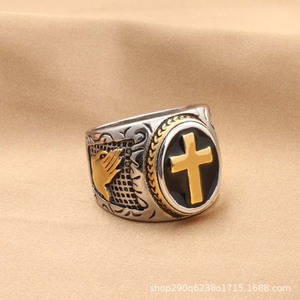 Men's Titanium Steel Cross <b>Ring</b> Retro Silver Inlay Gift Jewelry - Product Image 3