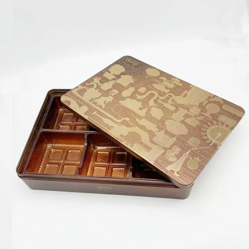 Fabricación de estaño Cajas de lata cuadradas en relieve para Baklava Candy Chocolate Metal Regalo Tarro Galletas Caja Lata de embalaje