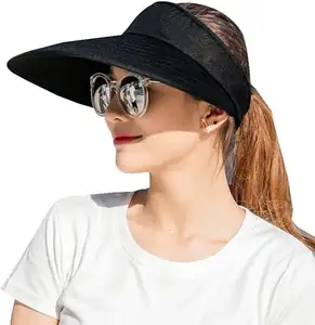 Topi pantai tepi besar wanita perlindungan UV musim panas kustom topi atas kosong pelindung matahari