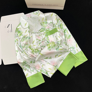 Fashion Hot Light Luxury <strong>Green</strong> Leaves Floral Ice <strong>Silk</strong> Feel Women's Loungewear Spring Lapel Cardigan Long-sleeved Trousers Suit - Product Image 5