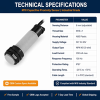 Capteur capacitif 18 mm, sortie PNP NC 8 mm, DC 10-30 V, IP67, détection de métaux et non-métaux, interrupteur de proximité
