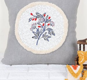 Printed Boho Tufted Gray And White <b>Round</b> Shape Flower Embroidery <b>Cushion</b> Throw Pillow Cover - Product Image 3