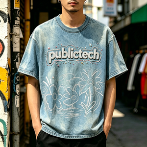 Customize Streetwear Vintage Rhinestone Unisex O-neck 100% Cotton Anti-Wrinkle Letters Monkey <b>Wash</b> Blue Oversized T-shirt Men - Product Image 3