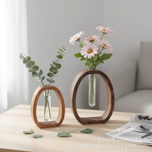 Florero de madera de nogal, madera maciza, vidrio, hidropónico, adorno de escritorio para decoración del hogar - Product Image 3