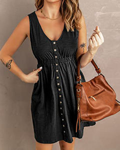 Оптовая продажа: Новое модное женское повседневное платье миди без рукавов с эластичным поясом, однотонное, свободного кроя, с декоративными пуговицами - Product Image 4