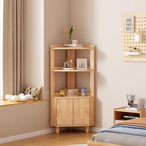 Shulin Solid Wood Corner <b>Cabinet</b> Multi-Tier Bookshelf with Doors 5+ Compartments Living Room Storage Shelf Natural Wood Color - Product Image 3