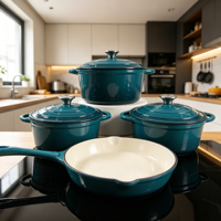 Set Peralatan Masak Enamel Cast Iron 4Pcs Dutch Oven Casserole Skillet Pan Gagang Ganda Aman untuk Oven Peralatan Masak Kustom OEM Set Panci Masak