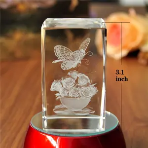 Regali floreali 3d con incisione laser K9 crystal block fermacarte/regalo, cubo di cristallo d'amore per san valentino