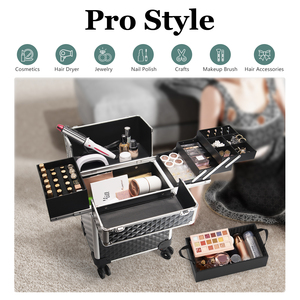 <b>Large</b> Cosmetic Trolley Storage with <b>Sliding</b> Rail Removable Middle Layer 4 Tray Rolling Makeup Case for Cosmetologist Nail Tech - Product Image 2