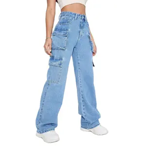 Wholesale Lady Casual Jean Wash Cargo Pants Multi Pocket Baggy Jeans Women Cargo Pants