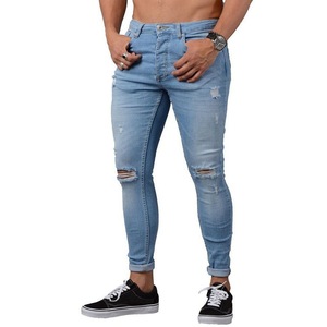Jean en denim coupe bootcut personnalisé pour <span class=keywords><strong>homme</strong></span>, déchiré, délavé clair, couleur unie, coupe <span class=keywords><strong>slim</strong></span>, style streetwear, effet usé - Product Image 3