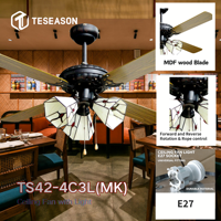 Ventilateur de plafond TS42-4C3L(MK) 42 pouces avec lumière |   4 pales en MDF, 3 supports de lampe E27, commande par cordon, AC50W DC30W 110-240V