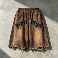Short vintage pour homme, délavé, 480 g/m², avec logo brodé personnalisé, ourlet déchiré, haute qualité, fabriqué en Chine
