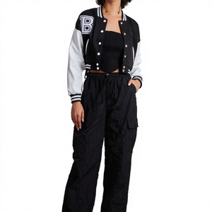 <b>women's</b> clothing <b>Women's</b> Black <b>White</b> Varsity <b>Jacket</b> Full Sleeve Turn Down Collar Short Crop Button Closure Letter Print <b>Jackets</b> - Product Image 3
