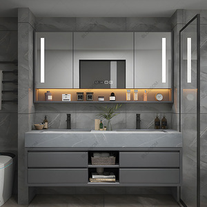 Meuble de salle de bain suspendu avec bassin intégré en pierre et miroir de maquillage <span class=keywords><strong>LED</strong></span> - Product Image 3