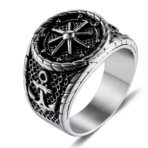 Anelli di barretta d'argento degli uomini vendita calda anelli di barretta d'argento unici dell'ancora dell'anello della bussola del capitano del metallo