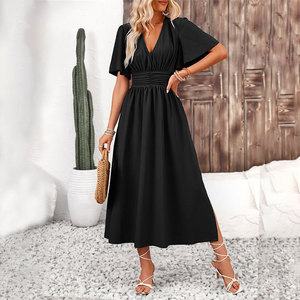 <span class=keywords><strong>Abbigliamento</strong></span> Femminile, Gonne con Maniche a Volant, Vestito con Spacco e Vita Elastica, Tinta Unita, Lungo, Estivo, <span class=keywords><strong>Giovanile</strong></span> - Product Image 1