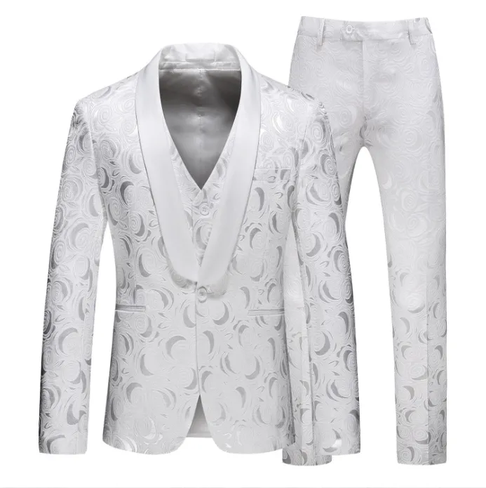 m-7XL Mens White Floral One Button Suits Party Wedding Groom Tuxedos Groomsmen 3pcs Suit Male Costume Mariage Homme