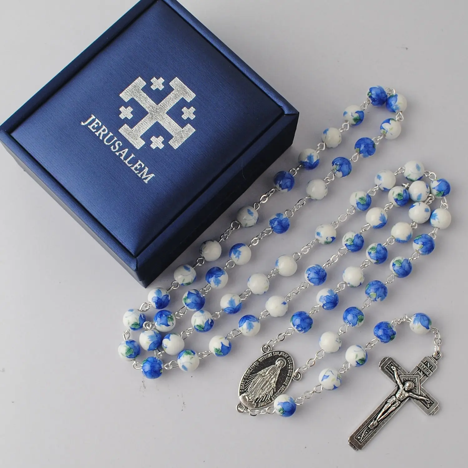 青色セラミックビーズロザリオネックレスカトリック宗教ジュエリー、シルバーチェーン、エルサレムレザーギフトボックス
