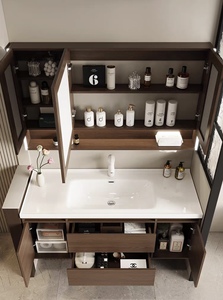 Walnut-colored bathroom cabinet with smart <b>mirror</b> white countertop <b>wall</b>-mounted sink and drawers - Product Image 3