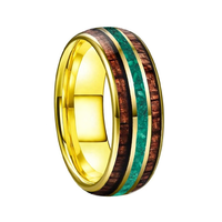 Nouvelle bague tendance en carbure de tungstène doré de 8 mm avec incrustation d'opale verte et de bois de koa pour hommes et femmes, idéale pour mariage et anniversaire, ajustement confortable