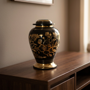 Black Brass Cremation Urn Floral <b>Keepsake</b> Memorial <b>Ash</b> Casket Portable Decorative Funeral Supply - Indian Home Crafts - Product Image 1