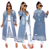 Manteau long extérieur matelassé pour femmes 2022 automne mode déchiré Denim Jean veste avec bout à bout caractéristique tricoté pour la saison d'automne