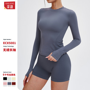Haut de yoga sans coutures pour femme, manches longues, col rond, coupe ajustée, vêtement de sport, entraînement, fitness, activewear, gris, extensible, chemise athlétique - Product Image 2