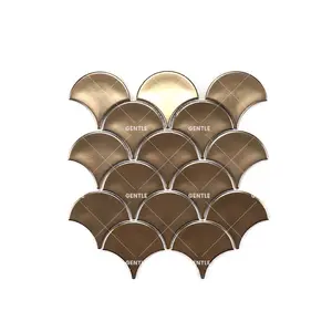 Living room hotel fish scale design embossed face 3D fan shape golden ceramic mosaic