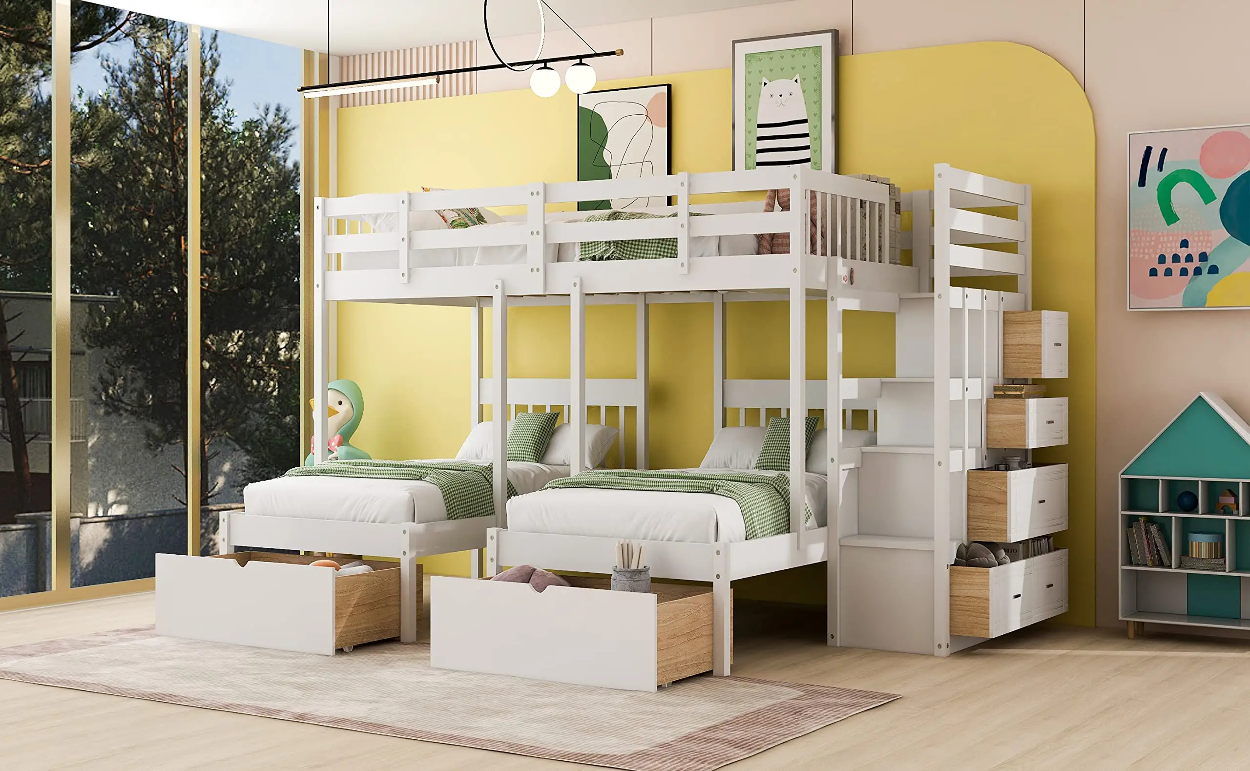 Großhandel Neue Trends Schlafzimmer Holz Dreier-Bett mit Schubladen und Geländer, Kiefer-Bettgestell Sicherheit für Schlafzimmer