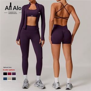 Completo Sportivo Americano Senza Cuciture a Vita Alta, 2 Pezzi, per Yoga e Corsa, Asciugatura Rapida, <span class=keywords><strong>Aderente</strong></span>, Abbigliamento Fitness Sexy - Product Image 4
