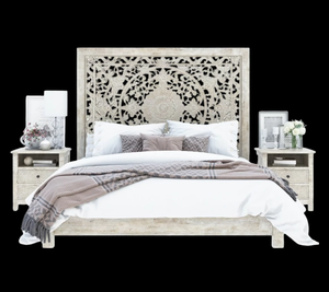 Lit élégant en bois de manguier massif sculpté à la main, taille king size, sans rangement, structure robuste et durable, finition premium, design élégant - Product Image 2