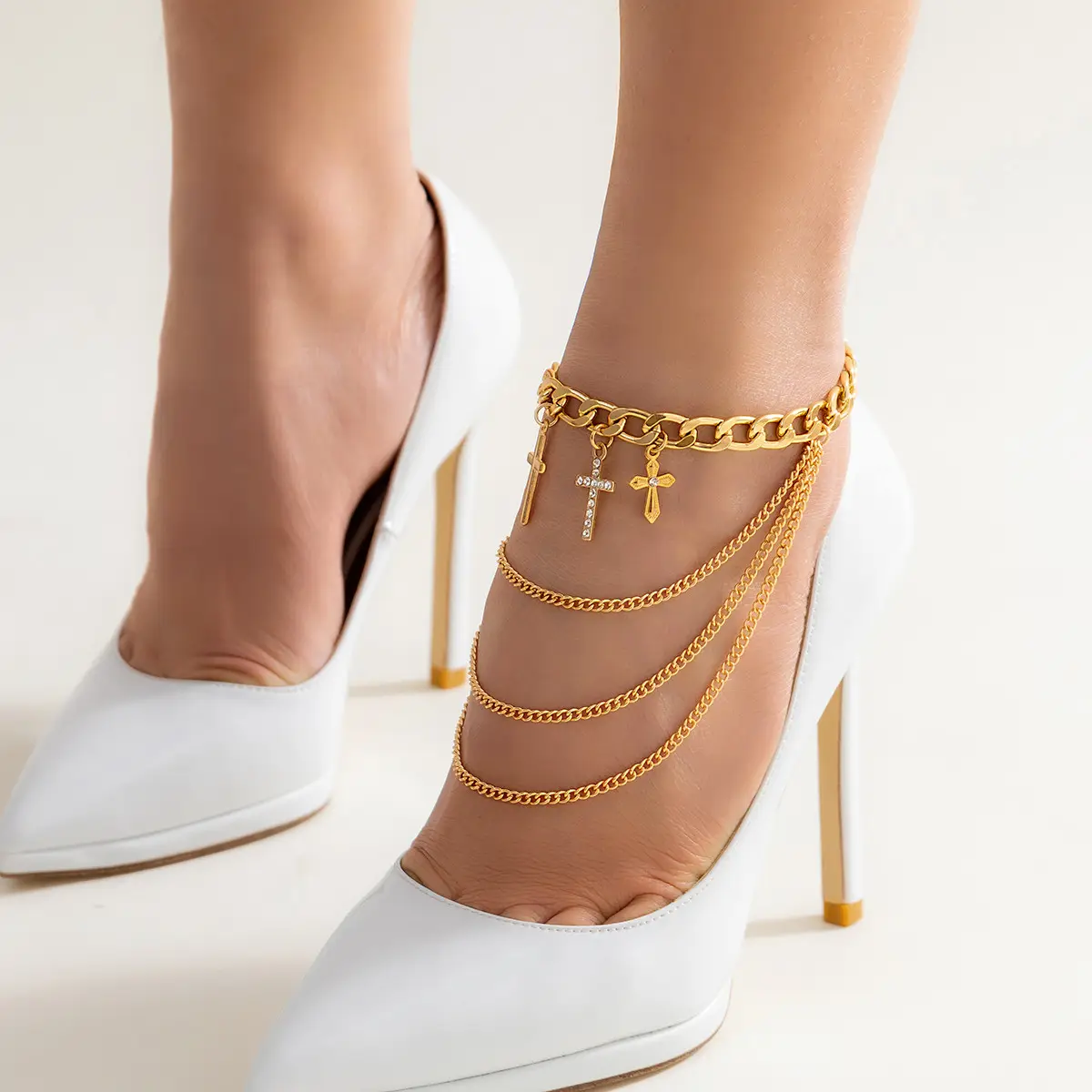 SHIXIN 1PC Multilayer Jesus Cross Pendant Tassel Chain Anklets High Heel Shoe Ankle Barefoot Sandals Sexy Foot Party Jewelry