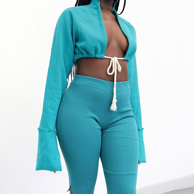 Женское ажурное пальто с капюшоном, однотонное свободное худи на шнуровке с длинным рукавом, Повседневная Уличная одежда, укороченные топы, Новинка осени 2020