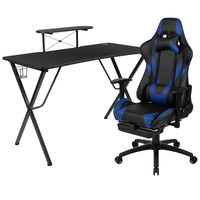 Offre Spéciale : Ensemble Bureau Gaming Noir et Chaise Gaming Inclinable Bleu-Noir avec Porte-Gobelet – Mobilier Informatique pour Bureau à Domicile et E-Sport