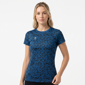 Camiseta Deportiva de Manga Corta para Mujer, Cuello Redondo, Ajustada, de Secado Rápido, con Estampado por Sublimación Azul, Tejida, 100% Poliéster, para Primavera/Verano - Product Image 1