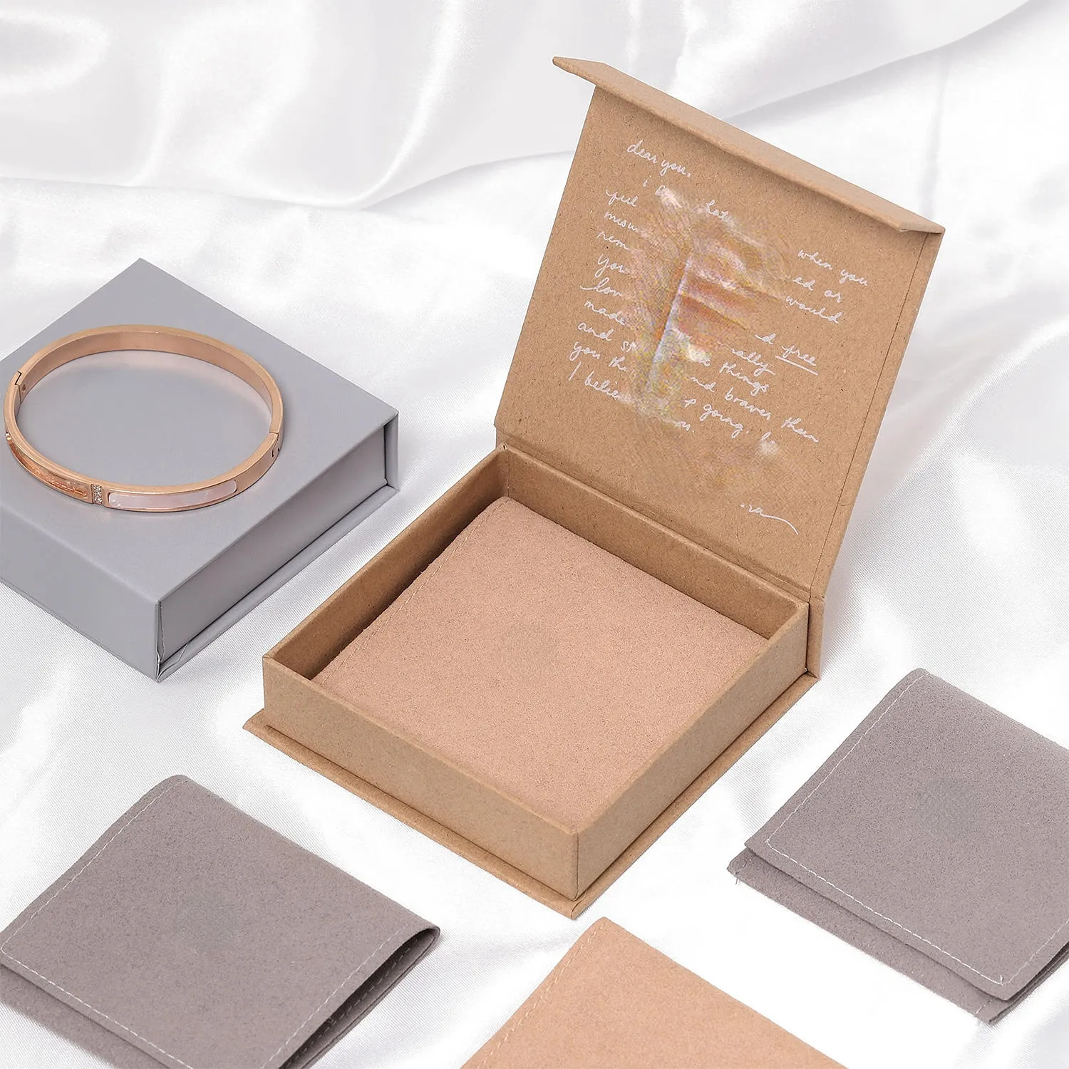 Custom Logo Book Shape Grey Ring Crystal Necklaces Bracelet Box Kraft Paper Jewelry Packaging Magnetic Jewellery Box And Pouch