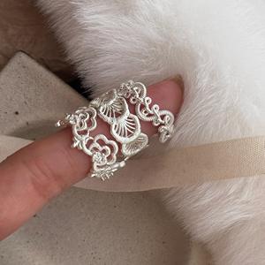 S925 Pure Silver Hollow Lace <b>Flower</b> Ring High-End Retro INS Style Layered Geometric Platinum Jewelry with <b>Sweet</b> Niche Design - Product Image 5