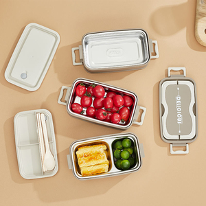 Stainless Steel <b>Lunch</b> <b>Box</b> Rectangle 2 Compartments Stackable Portable Food Grade Material Leak Proof Simple Style Adult Use - Product Image 2