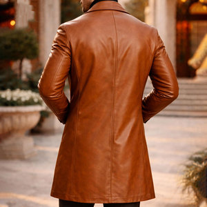 Wholesale <b>Men's</b> Genuine Leather <b>Coat</b> Breathable Satin Long <b>Trench</b> <b>Coat</b> Standard Size Single Overcoat Regular Fit Long Sleeve - Product Image 2