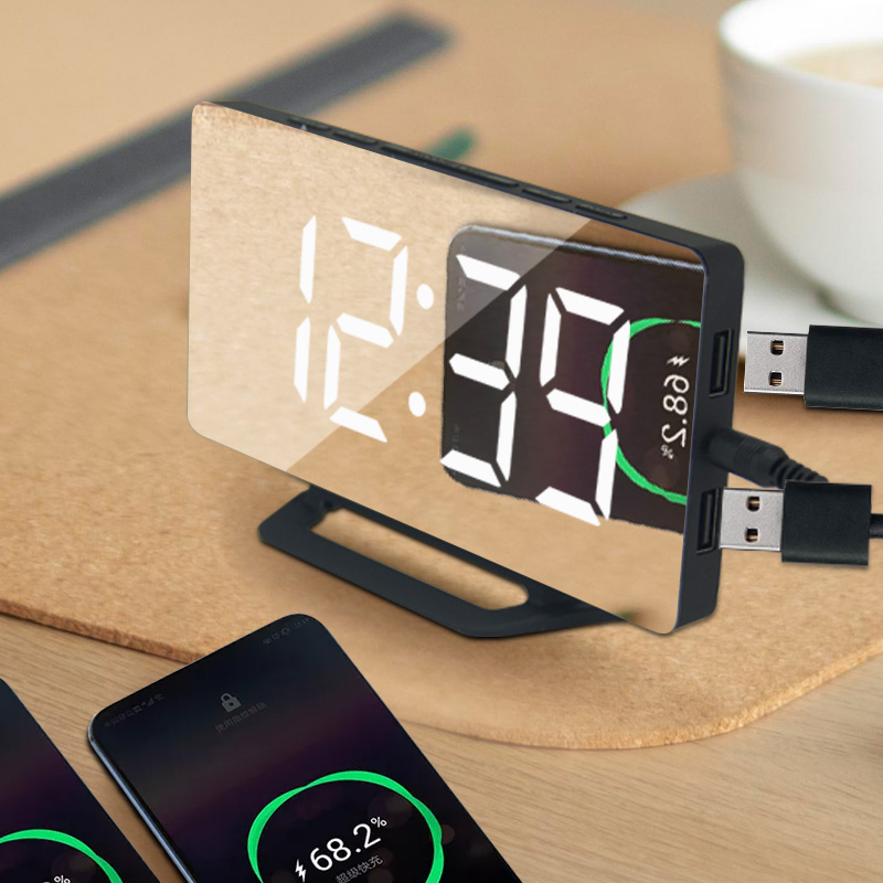 Заводской зеркальный Настольный Будильник EMAF с двумя USB-портами, регулируемый цифровой зеркальный Настольный будильник с функцией повтора, светодиодные часы