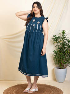 Solid Cotton Plus Size A-line <b>Dress</b> for Women Round Neck Short Sleeves Midi <b>Dress</b> Summer Western Party Casual Wear Stylish <b>Dress</b> - Product Image 5