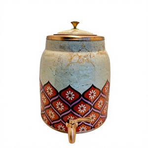 Distributeur d'eau en cuivre pur avec impression marbre premium, réservoir 12L, motif floral géométrique rétro, Matka, étanche, en métal, avec robinet, pour camping-car - Product Image 1