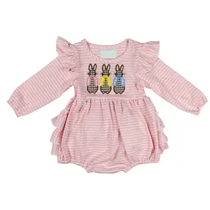 Baby girl Easter outfit bunny appliqued pink striped jumpsuit little girl organic cotton smocked ruffle bubble romper