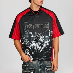 Custom 250gsm <b>Polyester</b> Rhinestone Interlock Midweight Smooth V Neck Paneled Boxy Y2k Blokecore <b>Tshirt</b> - Product Image 1