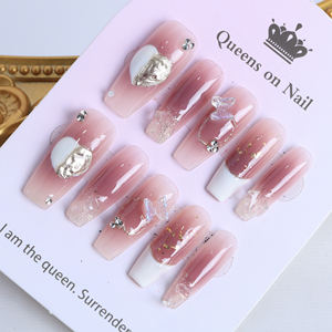 Faux Ongles de Luxe Faits Main en Acrylique à Coller, Forme Cercueil, Couverture Complète 3D, French Manucure, Motif Papillon, Haute Qualité, Vente en Gros - Product Image 3