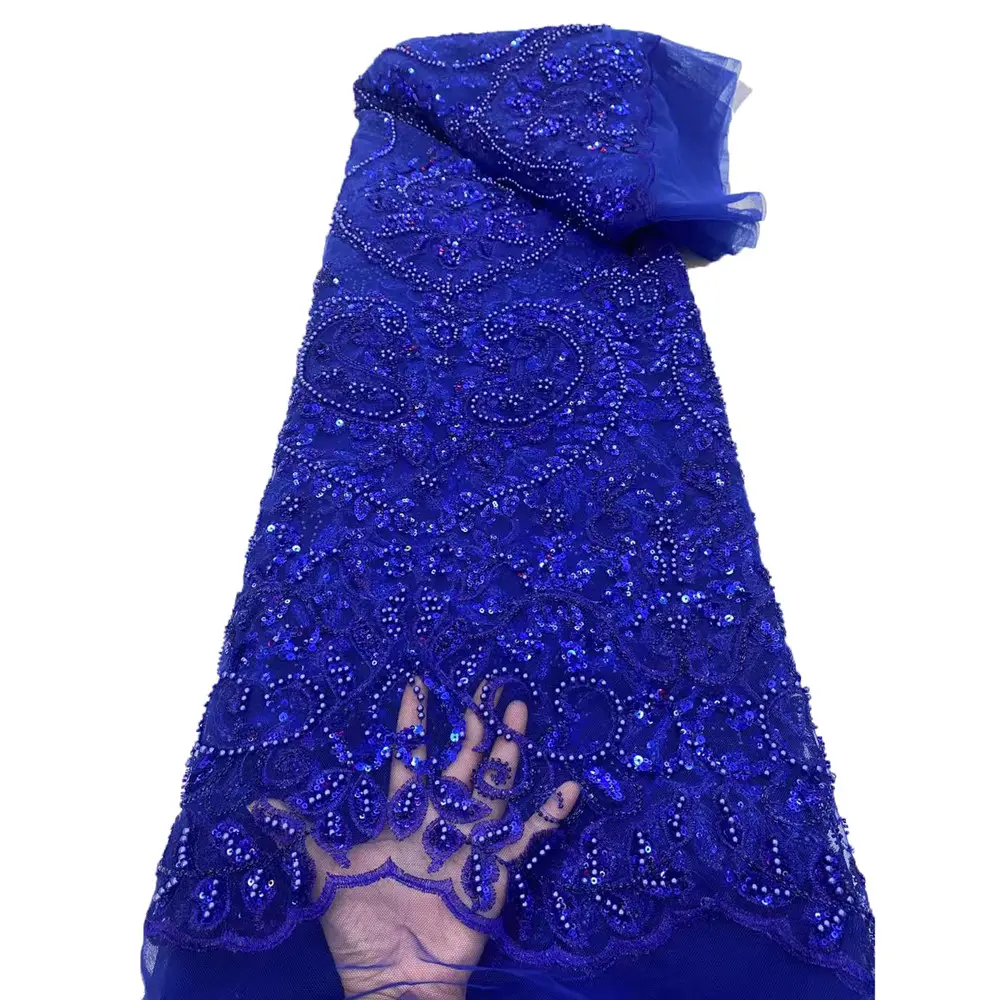 Beautifical-tela de encaje con cuentas Azul Real, vestido de fiesta pesado de boda, tela de encaje nupcial ML75N463