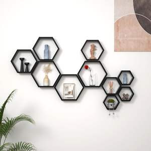 Étagères flottantes hexagonales en <span class=keywords><strong>bois</strong></span> <span class=keywords><strong>flotté</strong></span> rustique noir-Rangement <span class=keywords><strong>mural</strong></span> en nid d'abeille pour salle de bain, cuisine et espaces de vie - Product Image 6